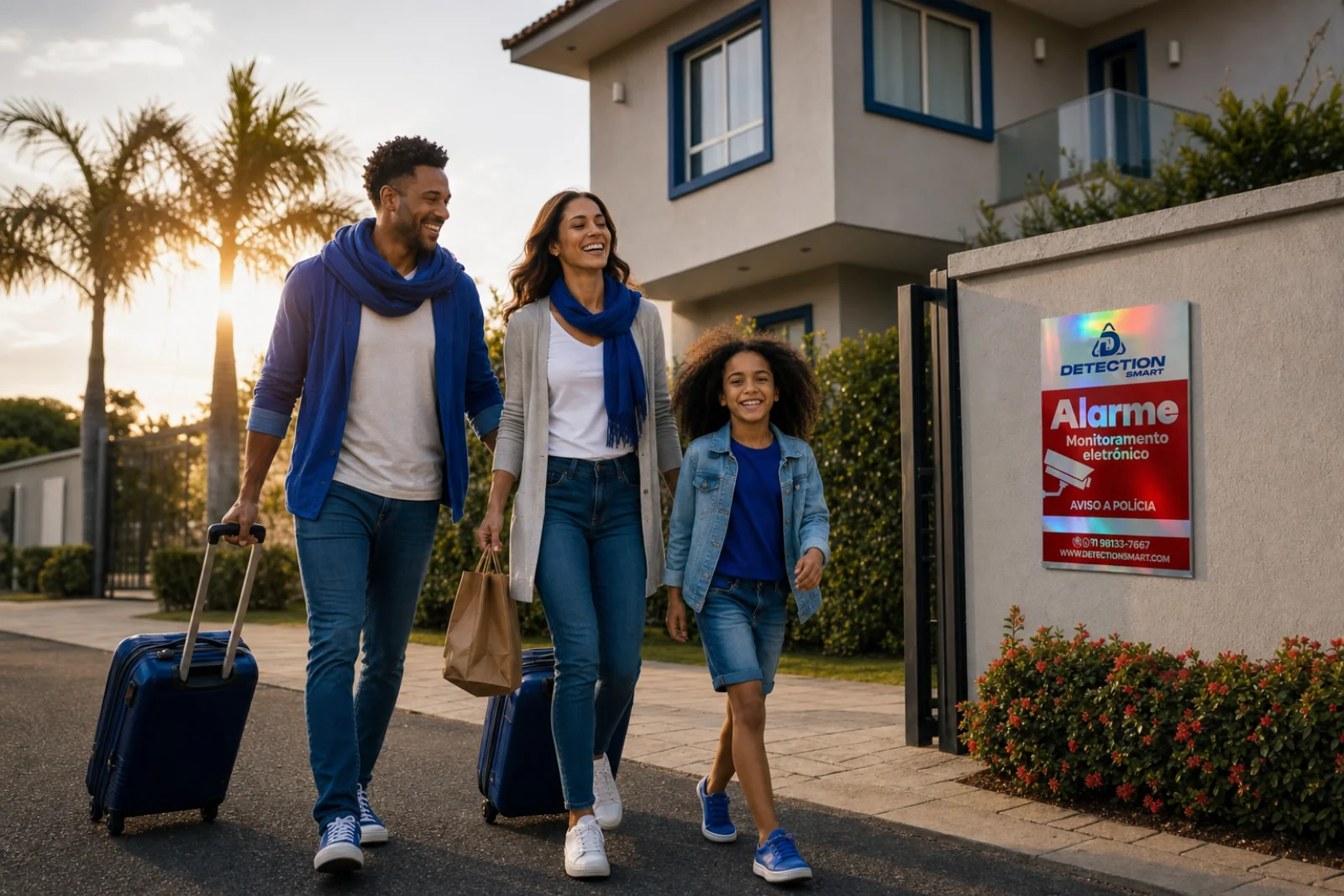 Família saindo de casa tranquila, com a placa de alarme monitorado da Detection Smart no muro